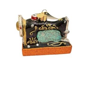 Old World Christmas Sewing Machine Glass Ornament Glitter & Gold Details Singer‎